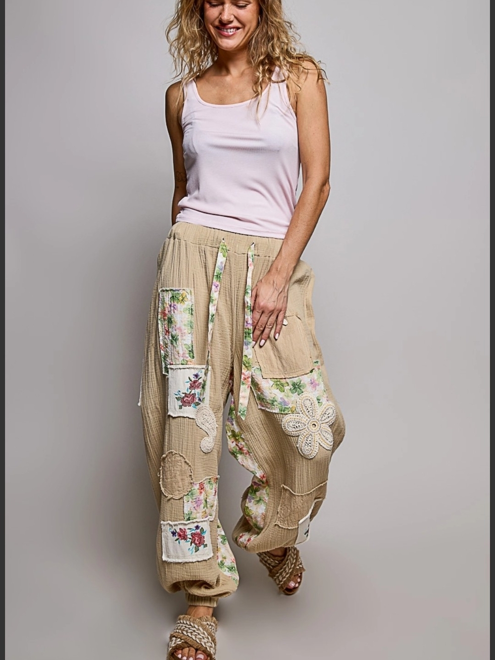 POL Beige Embroidered Patchwork Boho Joggers with Floral Accents